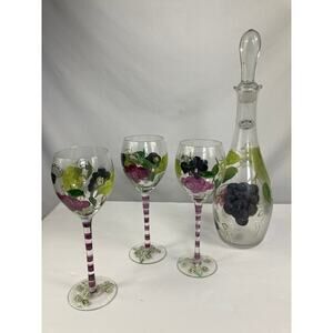 Home Essentials and Beyond Hand Painted Grape and Leaf 3 Wine Glass and Decanter